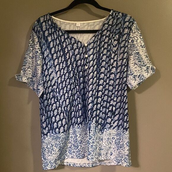 Browwin Blue Short Sleeve Print Top Cold Shoulder Size Large NWT NIB - Picture 2 of 8